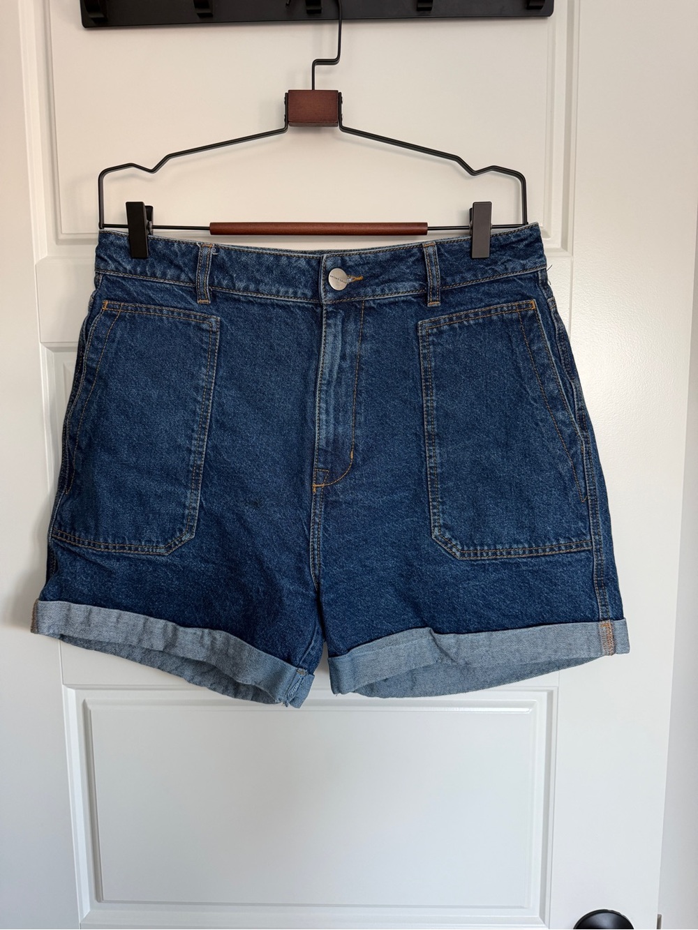 High-Rise Rolled Hem Denim Shorts - Dark Blue